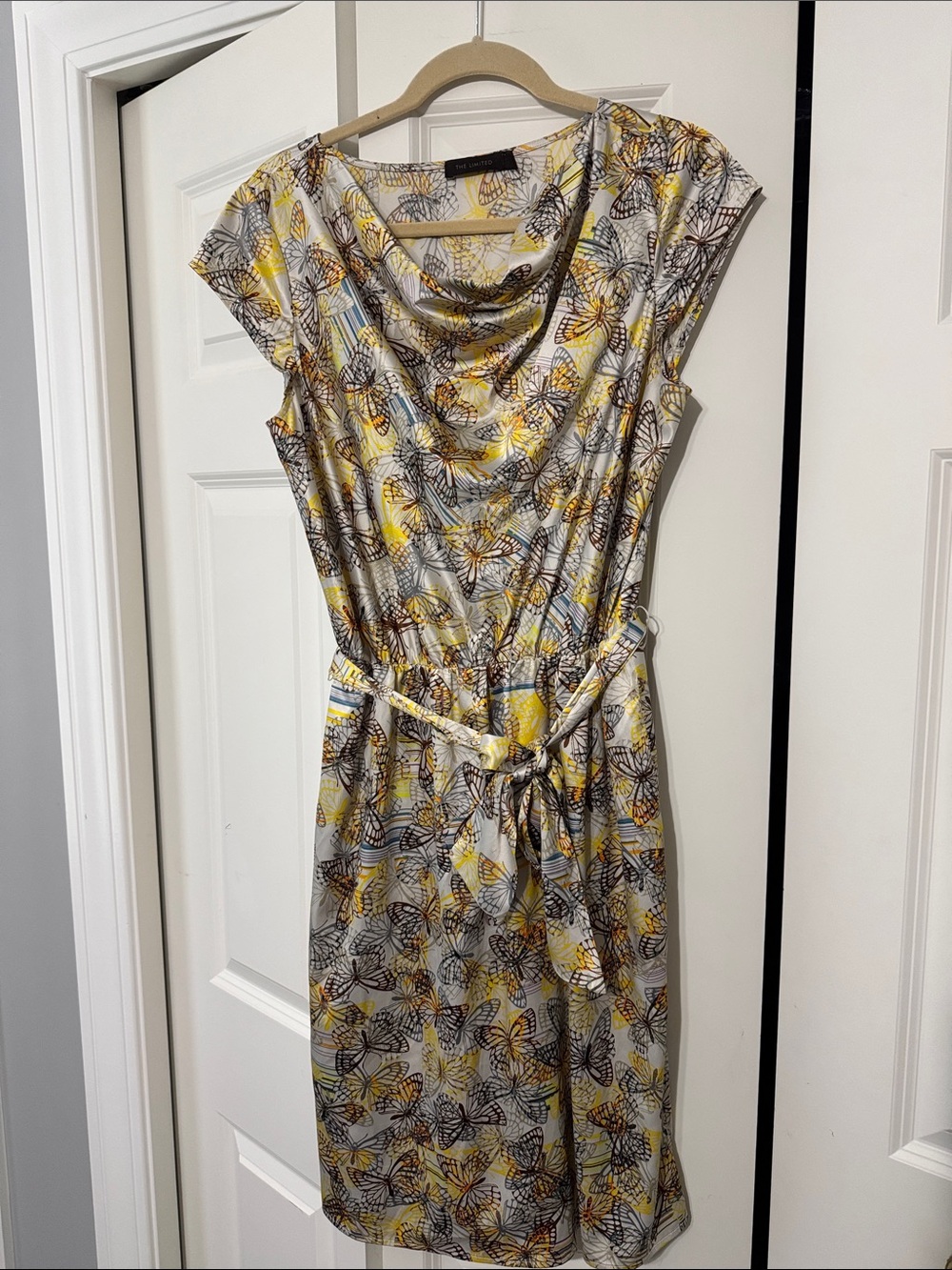 The Limited Yellow & Gray Butterfly Print Cowl-Neck Midi Dress